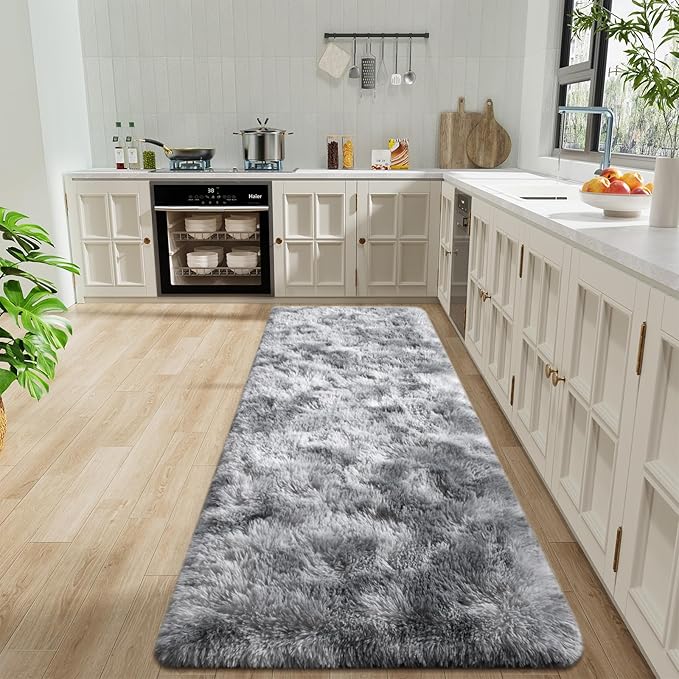 BENRON Soft Runner Rugs for Bedroom 2x6, Washable Long Runners for Hallway Entryway Kitchen Dorm, Fluffy Throw Rug for Kids Girls Room Decor Photo Prop, Tie-dye Grey