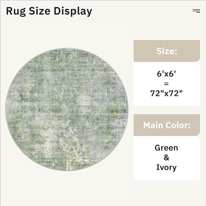 Soalmost 6x6 Green/Ivory Round Rug 6ft Living Room Circle Rug Vintage Round Area Rug Non Slip Indoor Carpet for Dining Room Bedroom