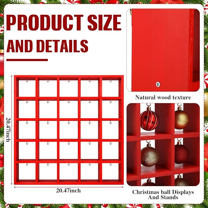 Cinnvoice Christmas Holiday Ornament Displays Rack Wooden Hanging Stand Holder Hanger for Christmas Ball Display Shelf Cabinet for Craft DIY Wall Decorations Gift (Red,25 Compartment)