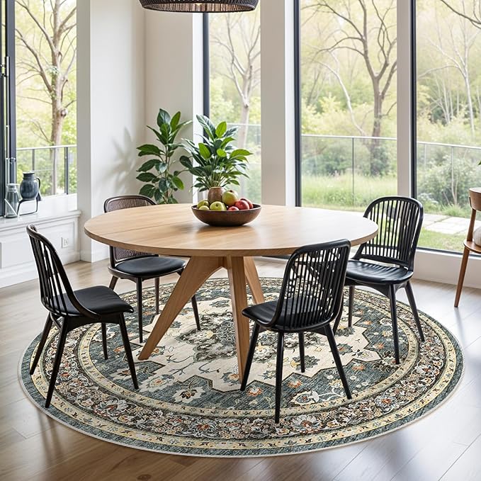 TOPRUUG Washable Oriental Area Rug - 4ft Round Rugs for Living Room Soft Carpet for Bedroom Waterproof Floral Distressed Indoor Stain Resistant Non-Shedding Floor Carpets (Blue, 4ft-Round)