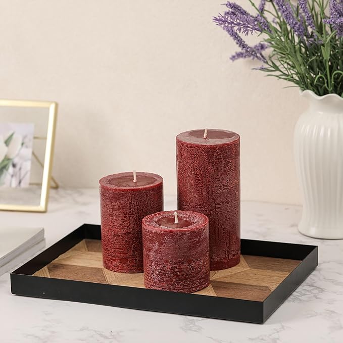 3x3 Inch Burgundy Pillar Candles Set of 3 - Hand-Poured Unscented Candles, Long Clean Burning, Dark Red Pillar Candle, Smokeless Dripless Candle for Dinner Table, Wedding, Home, Rustic Decor
