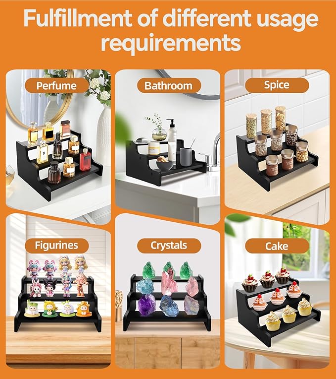 Wooden Cologne Organizer for Men, Perfume Organizer Stand, Cologne Stand with Anti-Slip Washers, Wooden Display Risers Stand for Figures, Fragrances, Dessert, Cupcake, Makeup (Black, 3-tier-11.8in)