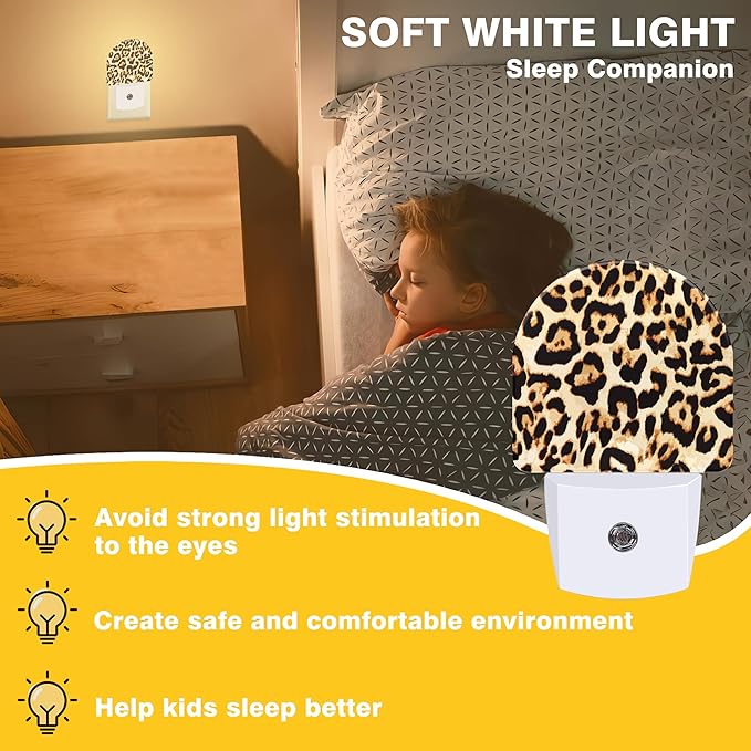 Cheetah Night Lights Plug into Wall Leopard Print Night Light Dusk to Dawn Smart Sensor Decorative Round Led Lamp for Bedroom Kitchen Hallway Nightlight for Women Men