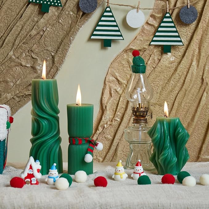 7-Pack Pillar Candles - Soy Wax Handmade Ribbed Candles for Home Decor, Housewarming Gift, Shelf & Table Decor - Aesthetic Modern Candles Set (Green)
