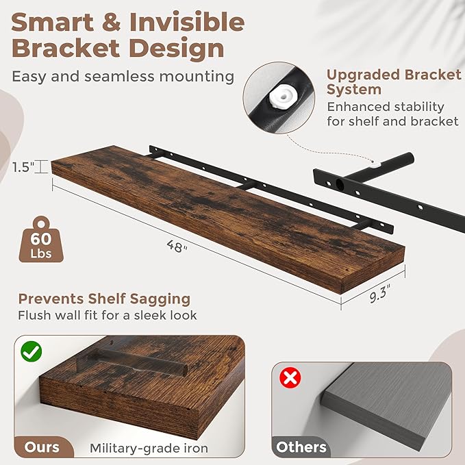 48 Inch Floating Shelves for Wall with Invisible Brackets Set of 2, 9"D Engineered Wood Wall Shelves with Wood Grain for Living Room, Bedroom, Bathroom, Kitchen Decor and Storage, Rustic Brown