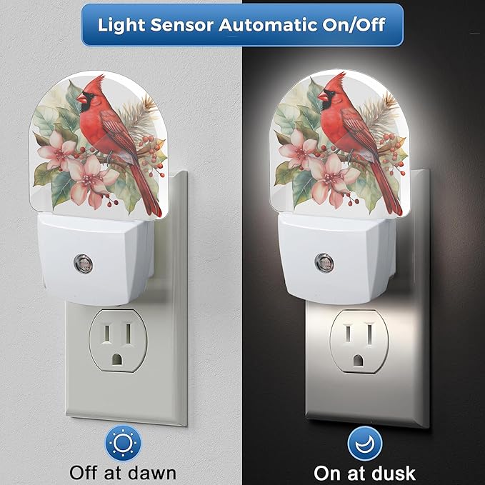 Night Light,Red Cardinal Bird Flowers Night Lights Plug Into Wall for Bedroom Bathroom Kitchen Hallway Stairs Hallway, Plug-in, Energy Efficient Decor Desk Lamp Gifts