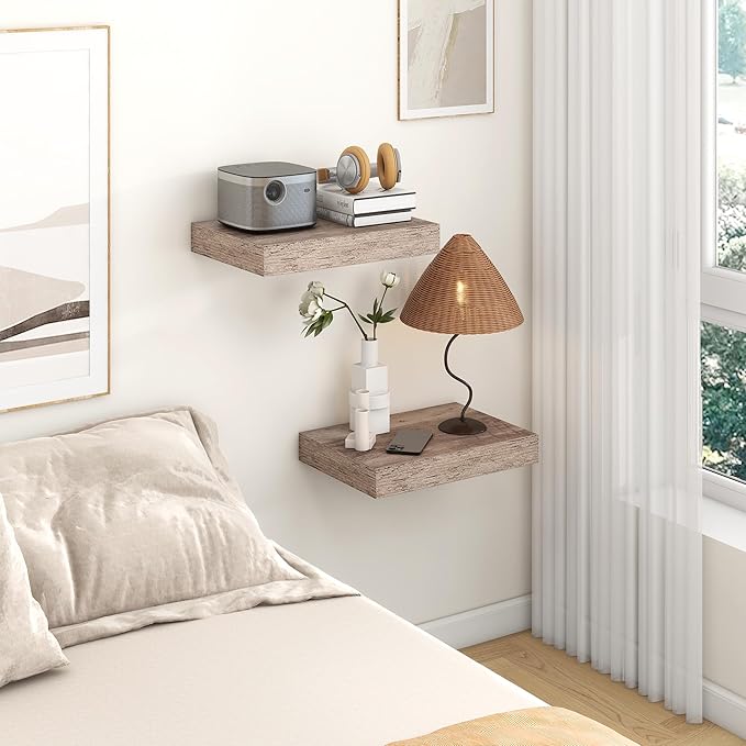 FLYJOE Deep Floating Shelves | 16 Inch Grey Floating Shelves Set of 2 | 12 Inch Deep Rustic Grey Wall Shelves | Deep Shelves for Living Room Bathroom Kitchen Bedroom