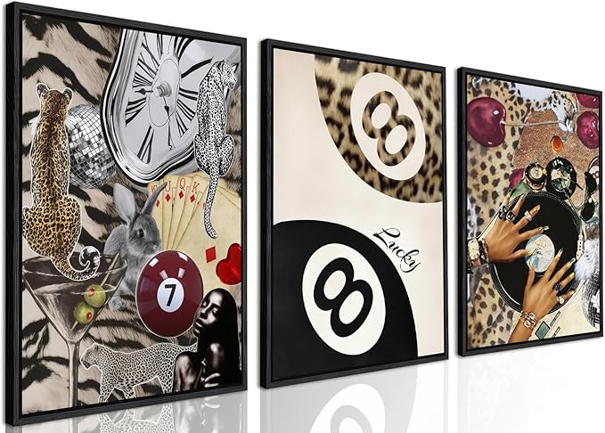 Fashion Cheetah Wall Art Set of 3 Leopard Wall Decor Pictures Lucky 8 Ball Poster Canvas Painting Prints Dark Red Cheetah Artwork for Bedroom Living Room 12x16 inch Black PS Framed