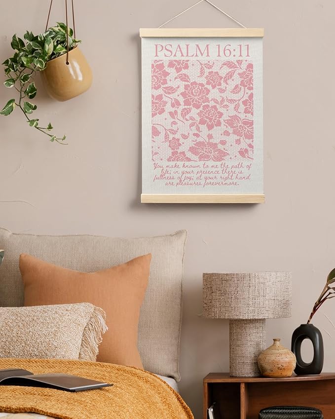 FGFK Pink Lace Floral Christian Wall Art Poster Hanger Frame, Christian Room Decor, Psalm 16:11 Bible Verse Canvas Prints Framed Wall Decor for Girls Bedroom Dorm Apartment, 12x16 Inch
