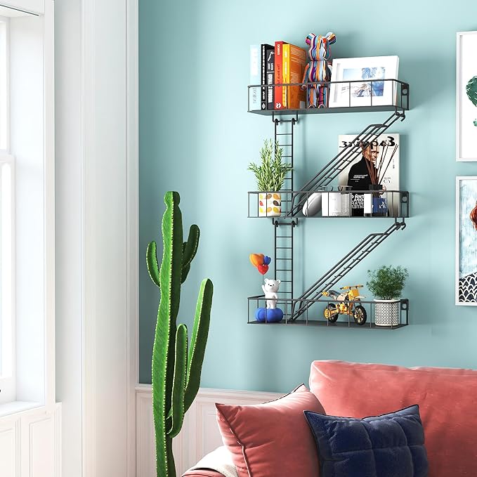 Black Metal Fire Escape Wall Shelf, Unique Decorative Shelves for Wall, New York Shelf Ladder Storage, Funky Knick Knack Shelf Organizer, Industrial Wall Shelves for Bathroom,Living Room