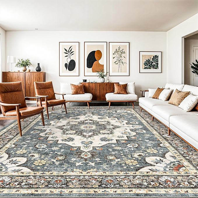 TOPRUUG Washable Oriental Area Rug - 10x14 Rugs for Living Room Soft Carpet for Bedroom Waterproof Floral Distressed Indoor Stain Resistant Non-Shedding Floor Carpets (Blue, 10X14)