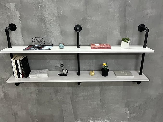 HDDFER Industrial Pipe Shelving Rustic White Pipe Wall Shelves Industrial Shelves with Wood Planks Floating Shelves 60 Inch Farmhouse Bathroom,Kitchen Shelving Wall Mounted