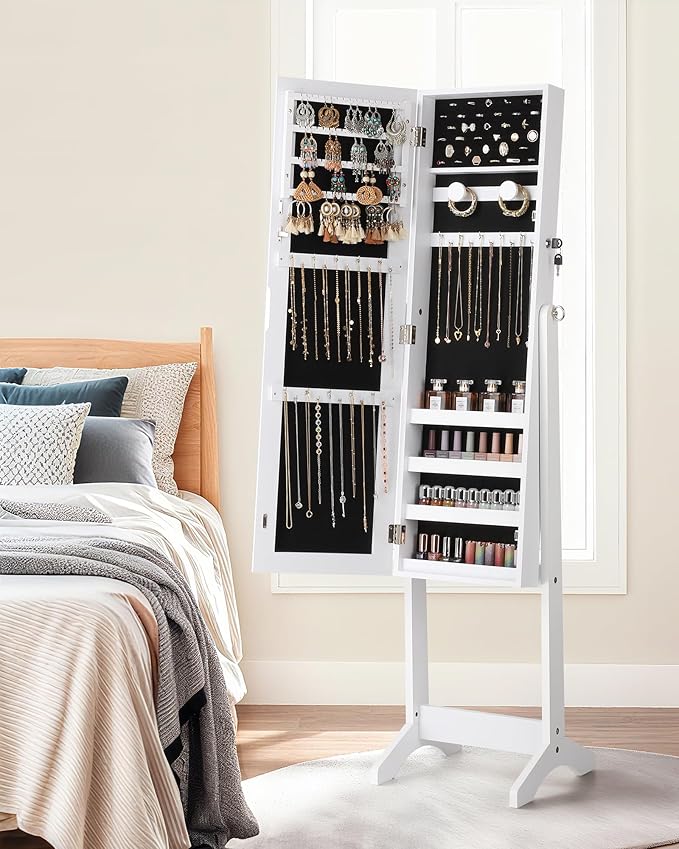 Nicetree Jewelry Cabinet Armoire, Freestanding Jewelry Armoire Organizer with Full-Length Mirror, Lockable Jewelry Storage Cabinet, Frameless Mirror, 3 Adjustable Angles, Moon White