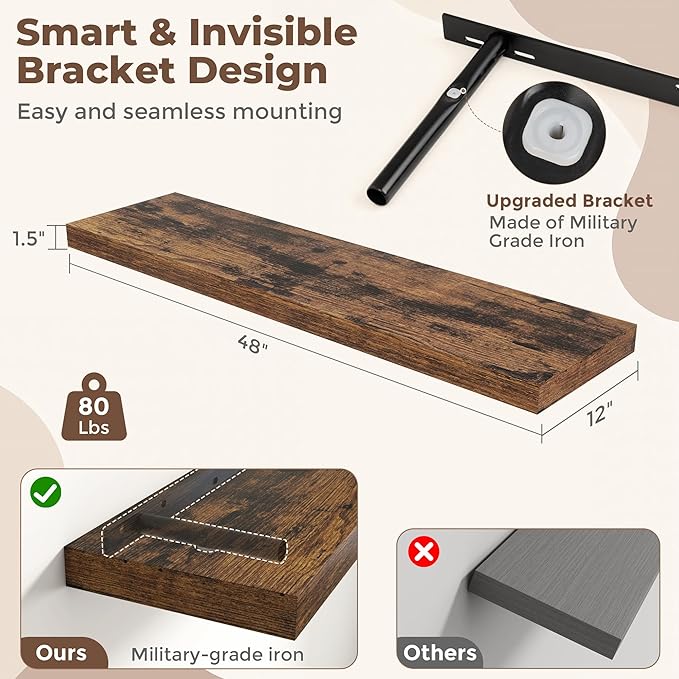 Fun Memories 12 Inch Deep Floating Shelves, 48 x 12 Floating Shelves for Wall Set of 2, Extra Deeper Hanging Wood Wall Shelves for Bedroom, Living Room, Kitchen, Rustin Brown