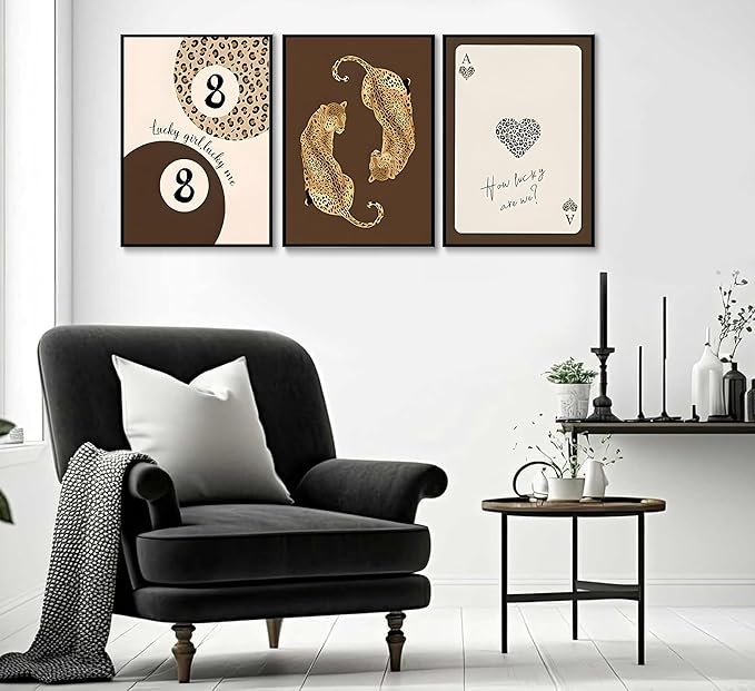 3pcs Trendy Leopard Canvas Wall Art Funky Lucky 8 Ball Posters Prints Preppy Room Aesthetic brown Cheetah Prints Wall Decor Pictures for living room Bedroom Dorm Apartment Unframed