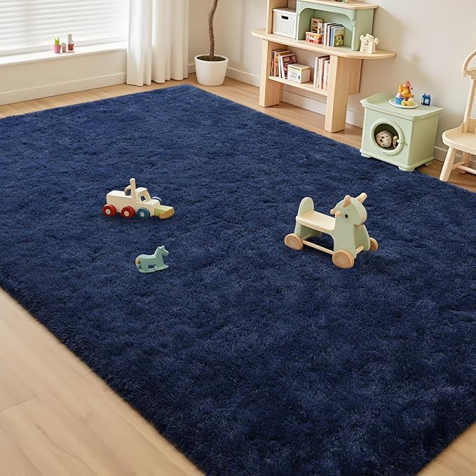 Soft Area Rugs for Bedroom Living Room Plush Fluffy Rug 5x8 Feet, Shag Furry Area Rug Carpet Non Shedding for Nursery Children Kids Girls Room Home Decorative, Navy Blue