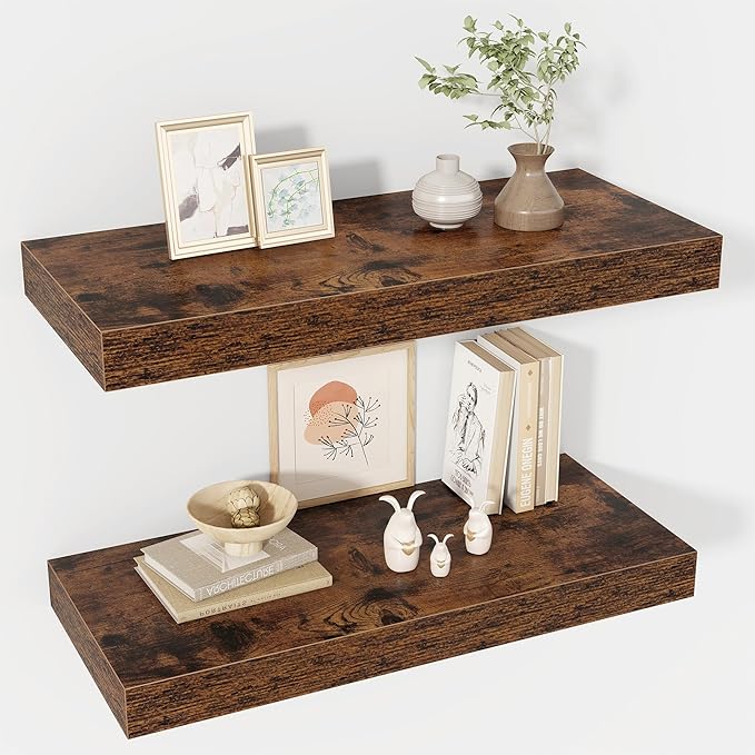 Acovy 24 Inch Floating Shelves, 12" Deep Floating Shelf Wall Mounted, 24" Wall Shelves, Rustic Deep Bookshelf, Extra Deeper & Thicker Display Shelves for Bedroom, Living Room, Brown, Set of 2