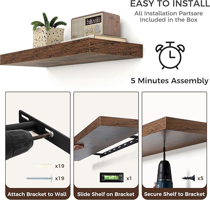 Venusmiles Floating Shelves for Wall, Engineered Wood Wall Shelves with Invisible Brackets for Living Room Bedroom Bathroom Office Kitchen Decor and Storage (Brown, 36" W x 9" D x 1.5" H) Set of 2