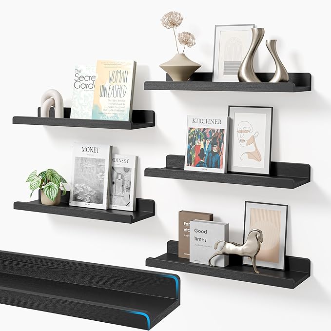 YUFLINX 16’’Black Floating Shelves for Wall Set of 6,Rustic Wood Shelf for Room Decor/Storage/Display,Small Bookshelf,Wall Mounted Hanging Shelves for Bedroom, Bathroom, Living Room, Kitchen