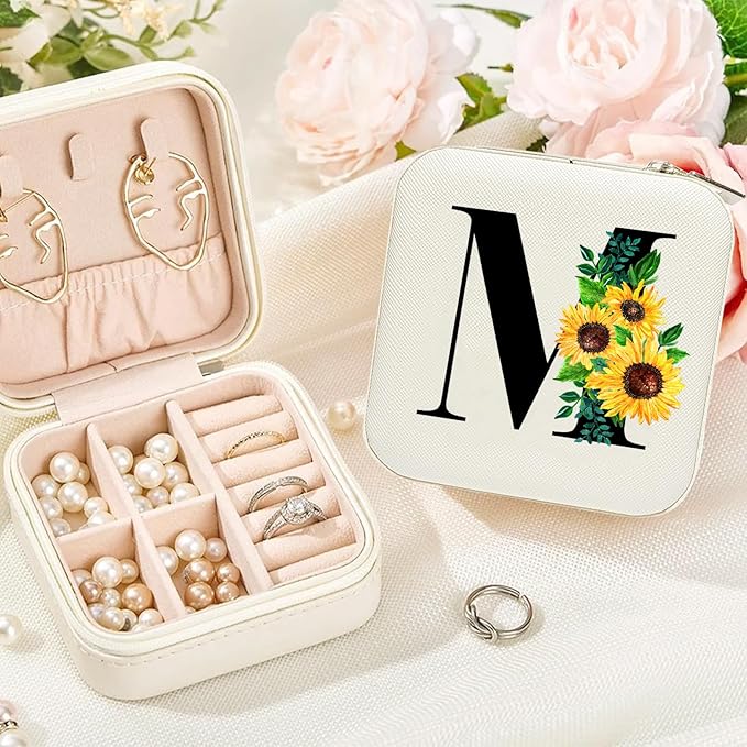 Sunflower Jewelry Case,Sunflower Gifts for Women,Initial C Travel Jewelry Box,Valentine's Day Gift Easter Personalized Gifts for Teen,Mom,Wife,Bridesmaids,21st Birthday Gift for Her