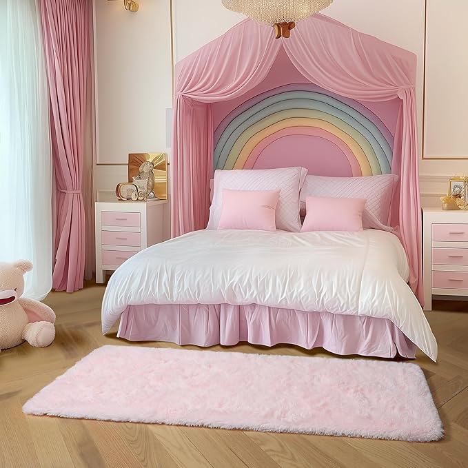 Amdrebio Pink Runner Rug 2x6 for Girls Bedroom, Fluffy Shaggy Bedside Floor Area Rugs for Kids Room Decor, Cute Shag Fuzzy Thick Carpet for Teens Toddler Baby Nursery Preppy Dorm Classroom Playroom