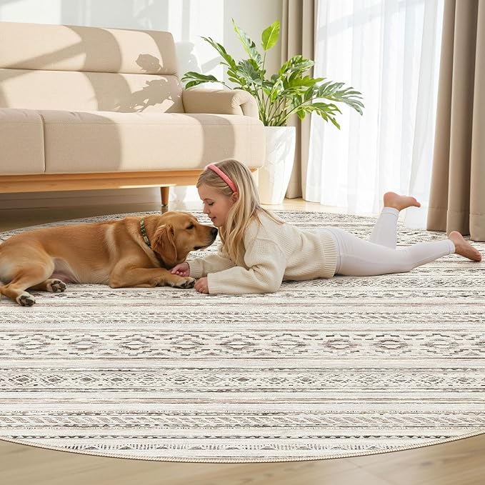 cotiled 8x8 Round Area Rug Living Room: Washable Boho Rugs with Non Slip Backing Large Soft Indoor Stain Resistant Carpet for Bedroom Farmhouse Dining Room Lightweight Home Decor Cream Brown