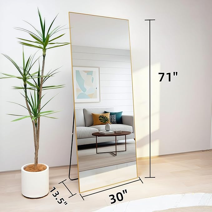 Full Length Mirror 71"x30"Rectangle with Stand Aluminum Alloy Frame Wall Mountable Tempered Glass Full Body Mirror, Standing Hanging or Leaning Against Wall for Bedroom and Living Room Gold