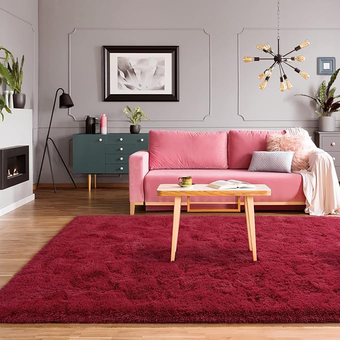 BENRON Fluffy Rugs for Living Room 5x8 Wine Red, Washable Large Area Rugs for Bedroom Dining Table Office Kids Nursery Room, Washable Indoor Floor Carpets