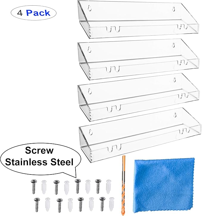 AMT 4 Pack Acrylic Floating Shelves, 15"L x 4.8"W, Clear Bathroom Wall Shelves, Bookshelves, Invisible Shelf For Office, Bedroom, Kitchen, Design with Hanging Slots for Sponge, Free Screws & Drill Bit