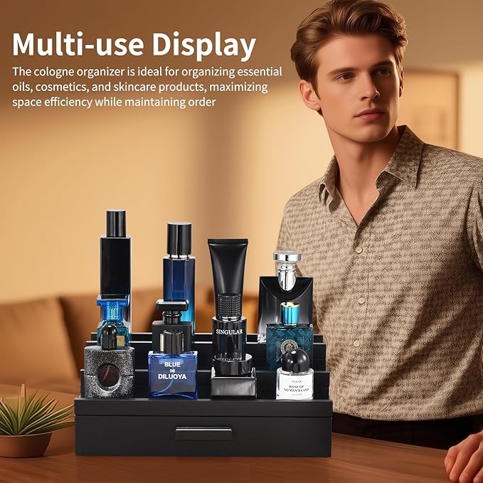 Perfume Organizer for Men, 3 Tier Wood Perfume Display Stand with Velvet Lining Drawer and Hidden Compartment for Watch,Jewelry,Perfume Display Risers,A Gift for Men (Black)