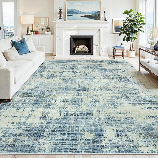 10x14 Area Rugs for Living Room Washable Rug: Anti-Skid Abstract Modern Living Room Rug Soft Thin Carpets Indoor Floor Non-Shedding Carpet for Bedroom Dining Farmhouse Nursery Blue Gray Gold