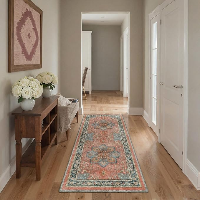 GENIMO 2x8 Runner Rugs for Hallway, Machine Washable Non Slip Vintage Rugs, Low Pile Lightweight Soft Print Carpet for enrtyway, Corridor, Home Office, Kitchen, Dusty Terracotta