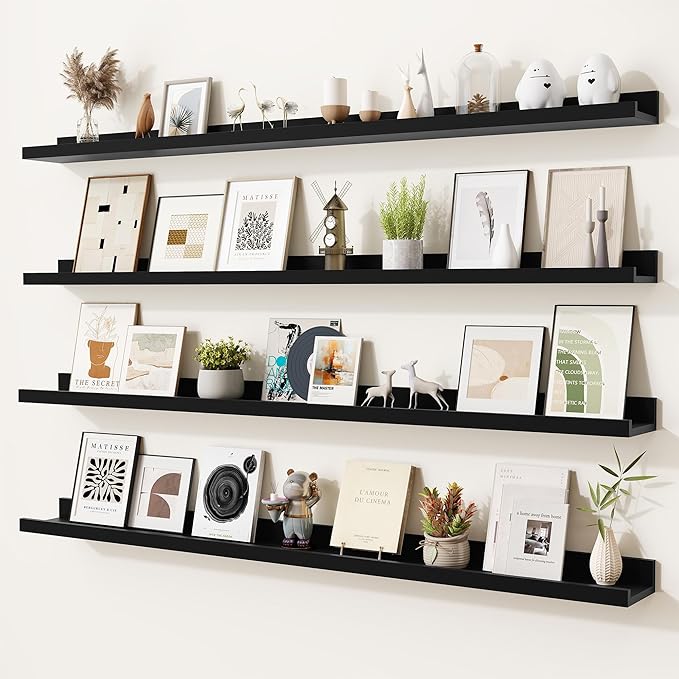 Heimlove Picture Ledge Shelf,48 inch Long Floating Shelves for Wall Set of 4,Black Picture Shelf with Lip for Wall Decor,Living Room,Bedroom,Bookshelf,Nursery,Perfume
