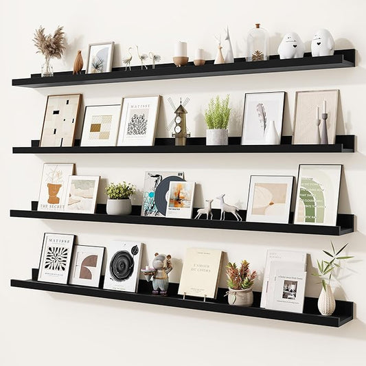 Heimlove Picture Ledge Shelf,48 inch Long Floating Shelves for Wall Set of 4,Black Picture Shelf with Lip for Wall Decor,Living Room,Bedroom,Bookshelf,Nursery,Perfume