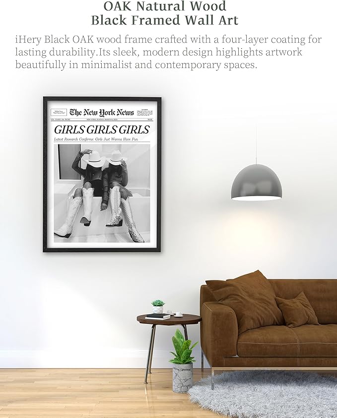 iHery Premium Natural Black OAK Wood 16x20in Girls Just Wanna Have Fun Trendy Framed Wall Art, Black and White Vintage Bar Car Canvas Wall Decor For Dorm Bedroom Living Room 1Pack