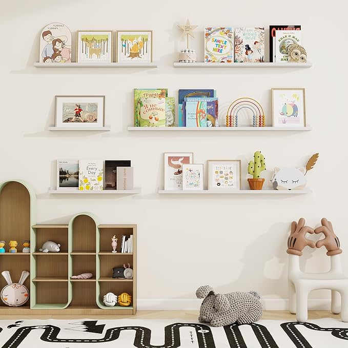 Picture Ledge Shelf, Floating Shelves Set of 2, 36 Inches Solid Wood Nursery Book Shelves for Toys Storage, Kids Bookshelf Wall Mounted for Living Room Bedroom Decor Books Photo Frames, White