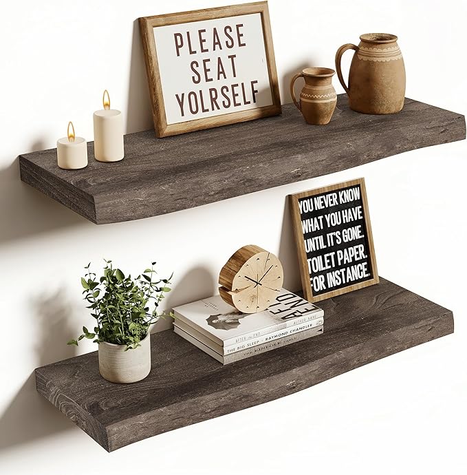 Vivelove Live Edge Floating Shelves 24 inch, Solid Elm Wood Wall Display Shelf with Invisible Bracket for Living Room Bedroom Bathroom Office, Rustic Farmhouse, 24x8x1.4 inch - Dark Walnut