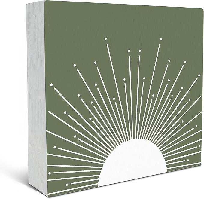 SRADMO Abstract Boho Green Sun Sunrise Sunset Sunshine Sunray Rustic Wood Box Sign Desk Decor，Boho Mid Century Modern Art Wooden Block Box Sign Decoration for Home Office Wall Shelf Table Decor