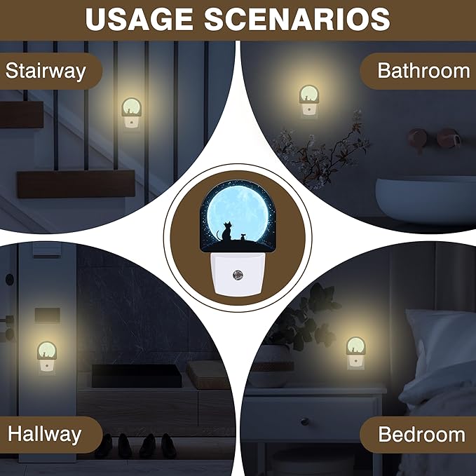 Night Light, Cat and Mouse Sit on Moon Night Lights Plug into Wall Dusk to Dawn Sensor Round Nightlight for Women Men Energy Efficient Led Lamp 0.5W for Stairway Hallway Bedroom