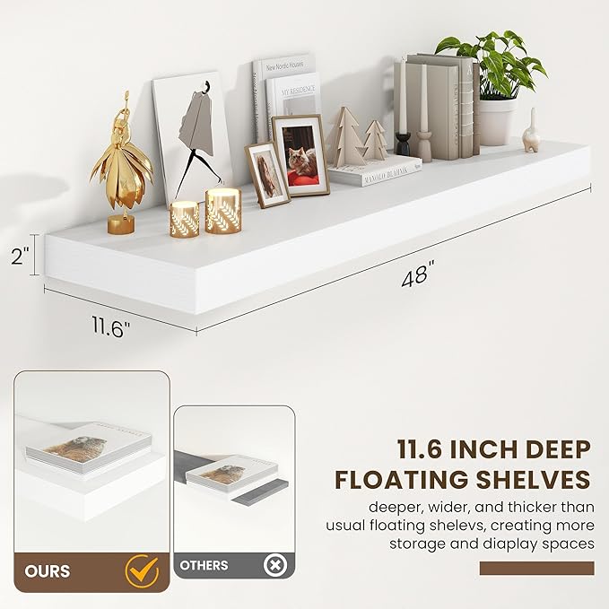 FLYJOE 48 Inch Floating Shelves | 12 Inch Deep White Floating Shelves Set of 2 | 48" W x 12" D White Wood Wall Shelves for Bathroom Living Room Kitchen Laundry Room