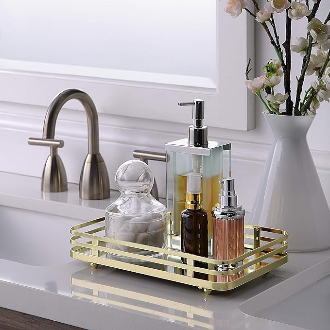 SunnyPoint Classic Decorative Vanity Perfume Dresser Jewelry Organizer Makeup Mirror Tray (Polished Gold) (Pack of 2)