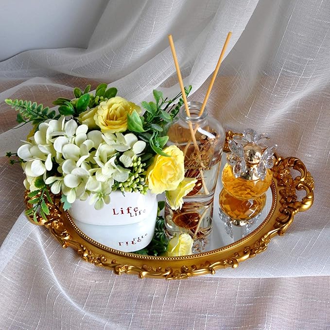 Oval Decorative Mirror Tray, French Style Flower Frame, Makeup Organizer, Jewelry Organizer, Serving Tray, 9.8"x 14.6", Gold