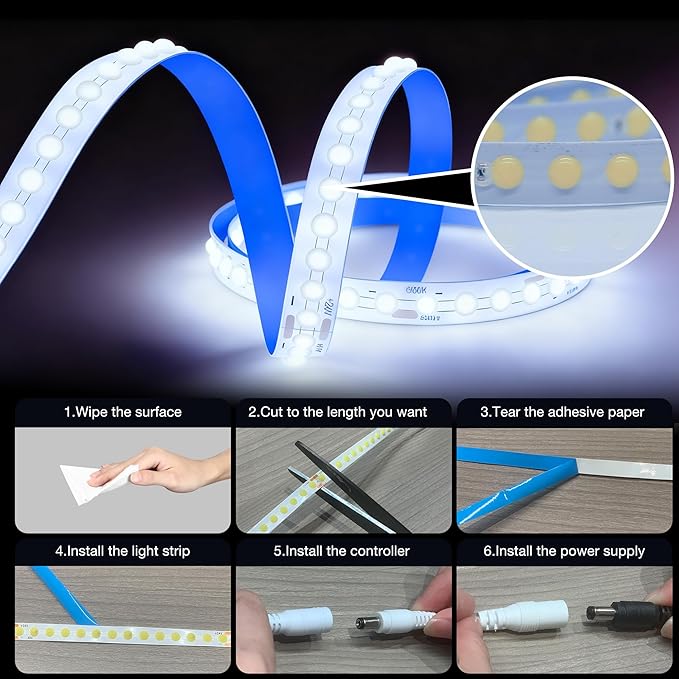 VOLIVO COB LED Strip Lights 20ft, 6500K White LED Lights Strip Daylight White, Strong Adhesive, Flexible Tape Light for Mirror, Kitchen Cabinets, Bedroom