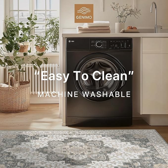 GENIMO 3x5 Area Rugs for Living Room, Machine Washable Rug, Non Slip Indoor Vintage Rug, Low Pile Lightweight Chenille Print Carpet for Bedroom Dining Room Home Office, Heathered Grey
