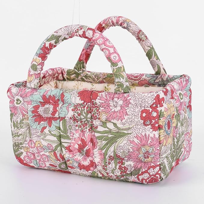 Mini Storage Basket, Small Quilted Boho Fabric Organizer Bin with Handle, Portable Collapsible Basket for Socks, Keys, Diaper