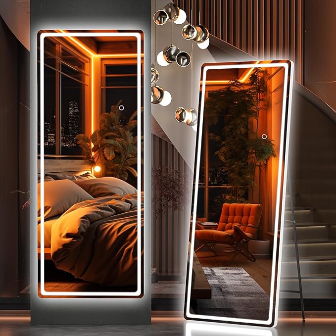 Hasipu Full Length Mirror with Lights, 56" x 20" LED Floor, Full Body Dressing Standing, Hanging Mounted Mirror, Round White