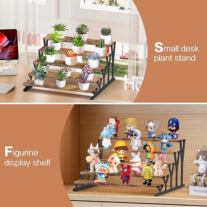 KALYLOC 5 Tier Wooden Display Riser Stand 13.8 Inch Metal Step Perfume Stand Organizer Tabletop Tiered Display Shelf Rack for Cologne Cupcake Spice Figures Cosmetics Candles (Brown, Y-Shape)