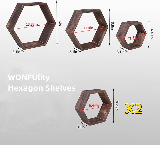 WONFUlity Hexagon Floating Shelves Honeycomb Shelves Wood Farmhouse Storage Wall Shelf for Bathroom, Kitchen, Bedroom, Living Room, Driftwood Finish Wall Decor