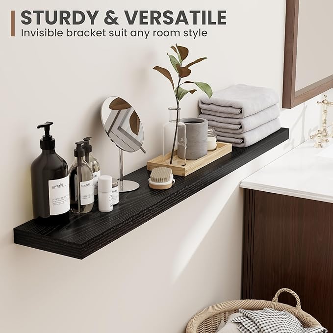 Acovy 48 Inch Floating Shelves, 8 Inch Deep Floating Shelves for Wall, Hanging Shelf with Invisible Brackets, Deep Shelves for Bathroom, Bedroom, Living Room, Black, Set of 1
