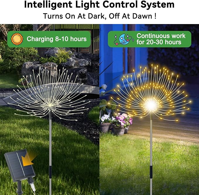 Slyuexu Solar Garden Lights Outdoor Waterproof, 4 Pack Total 480 LED Solar Firework Lights Decorative with 8 Lighting Modes Outside for Yard Pathway Flowerbed Decor, Warm White